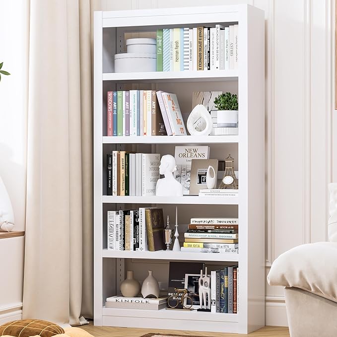 61" H Metal Bookshelf, 5 Tier Adjustable Bookshelf, White Small Bookcase, Bedroom Bookshelves and Bookcases, Modern Book Shelf for Living Room, Office, Easy Tool-Free Assembly