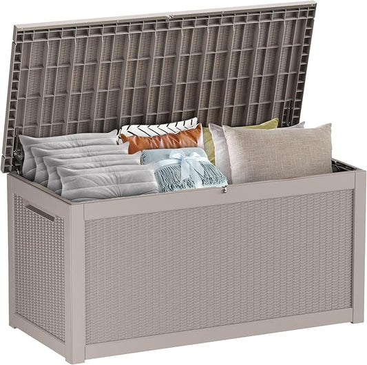 Large Deck Box 260 Gallon, Resin Patio Storage Box with Lockable Lid for Patio Furniture, Garden Tools, Pool Accessories, Weatherproof Outdoor Storage Bin, Brown