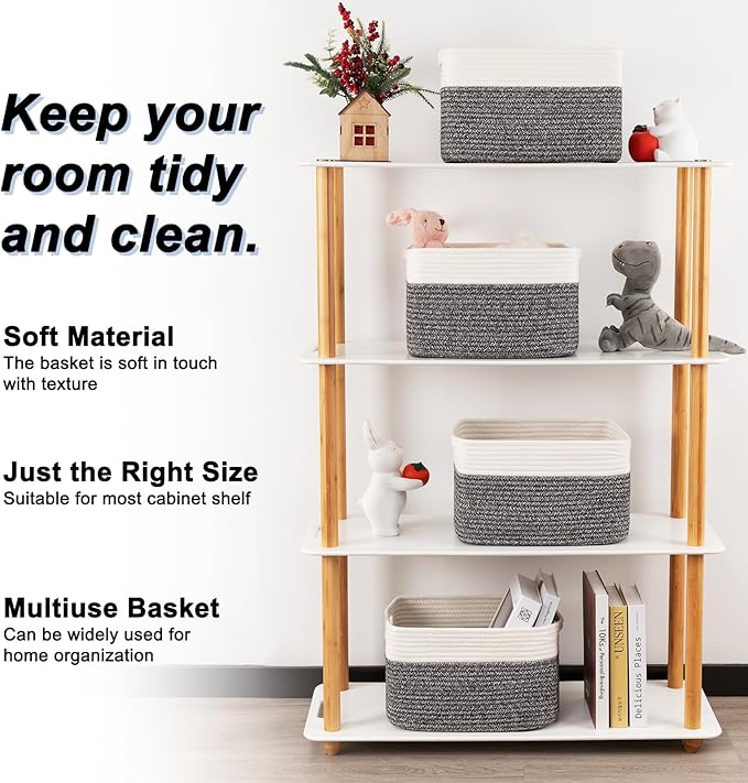 4 Pack Storage Baskets for Organizing, Woven Baskets for Shelves - Perfect for Toys, Books, Towels, and Clothes, Durable Gift Basket Bins Toy Storage, 13''Lx9''Wx7.8''H, Black & White