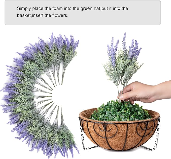 Artificial Hanging Flowers with Basket Fake Summer Lavender for Outdoor Decor, 12 Bundles Faux Purple Outside Decoration Realistic UV Resistant Plants for Porch Balcony Patio Garden Yard