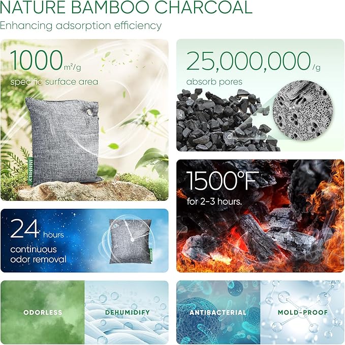 Activated Charcoal Odor Absorber, Odor Eliminator for Strong Odor,Bamboo Charcoal Air Purifying Bags for Home Car Closet Pet, Smoke Room Deodorizer (10 x 100g, Unscented)