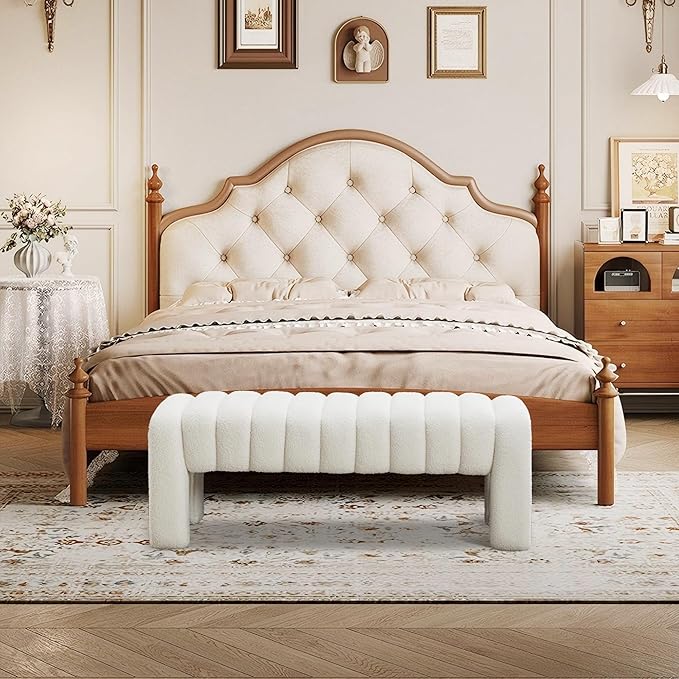 43.3" Bedroom Bench, Upholstered Entryway Bench, Modern End of Bed Ottoman with Solid Wood Legs and Adjustable Foot Pegs for Entryway, Dining Room and Living Room (White Teddy)