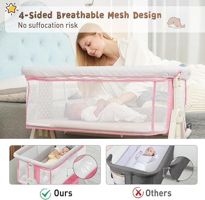 Baby Bassinet Bedside Sleeper for Baby,Bedside Bassinet with Wheels and Storage Basket, 6 Height Adjustable Bedside Crib(Upgrade Pink)