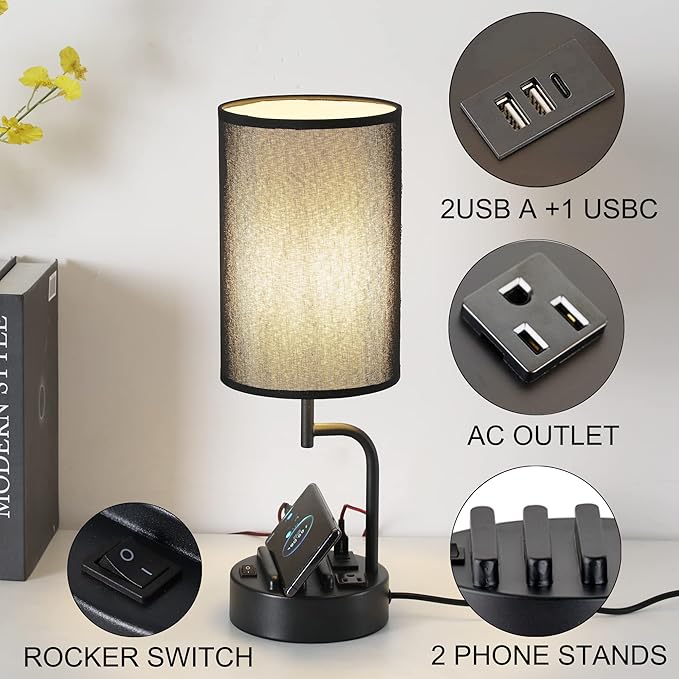 Dreamholder Table Lamp with 3 USB Charging Ports, Modern Desk Lamp with AC Outlet and Phone Stands, Perfect Bedside Lamp for Bedroom, Living Room, Office (Pack of 2), Black