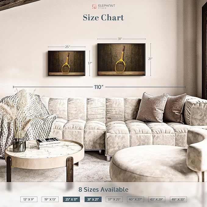 ElephantStock Vintage Tennis Racket Wall Art - Horizontal Framed Canvas - 1-Piece Living Room Wall Decor - Photography Sports Canvas Print - Brown and Black Decor for Wall - 31" X 21"