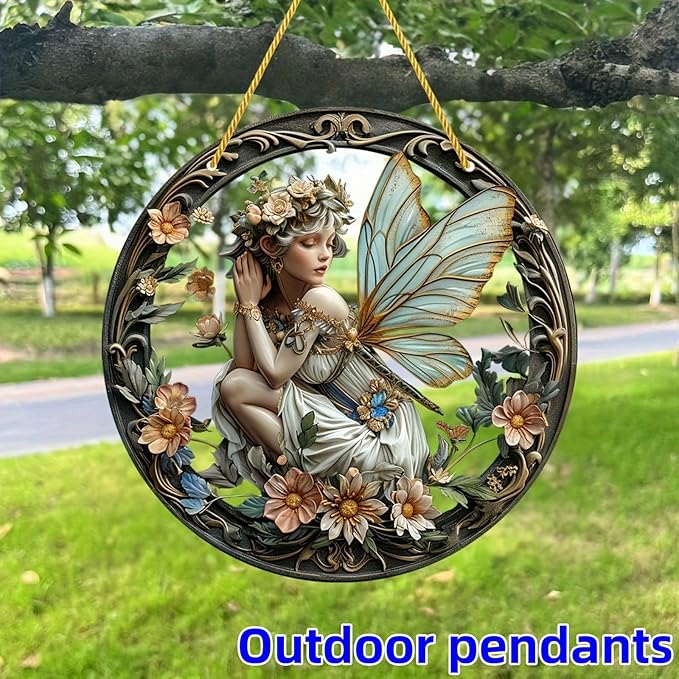 Flower Fairy Garden Decorations Angel Wing Christmas Halloween Deco Statue Art Elf Sculpture Hanging Craft for Outdoor Yard Courtyard Lawn Patio Window Acrylic Ornament Home Gift (A,L: 8*8 IN)