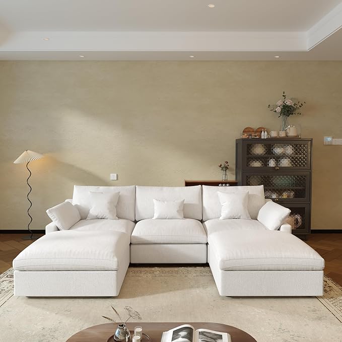 JACH U Shaped Sectional Couches, Cloud Sectional Couch with Deep Seat, 119" Down Filled Modular Sofa with Chaise, Covers Removeable & Washable, Sofas Furniture for Living Room, White