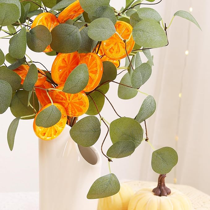 Eucalyptus Stems, 4PCS Artificial Lemon Stems Faux Citrus Branches Plastic Decor for Kitchen, Table Centerpieces, Entryway, Thanksgiving Wedding Party (Green)