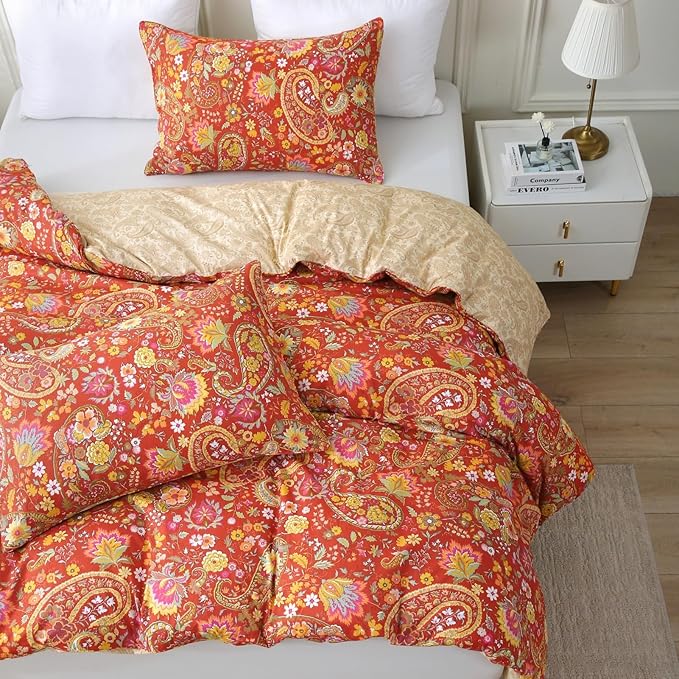 ABREEZE Paisley Bedding Sets 3Pcs Brushed Cotton Duvet Cover Set King Size Rustic Damask Red Floral Comforter Cover with Zipper Closure Boho Bedding Collections