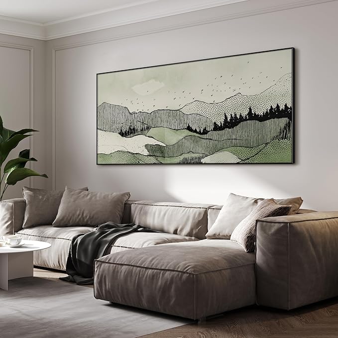 SIGNWIN 36"x72" Extra Large Framed Wall Art Green Line Art Mountain Landscape Illustration for Home Living Room Bedroom Decor (Frame Assembly Required)