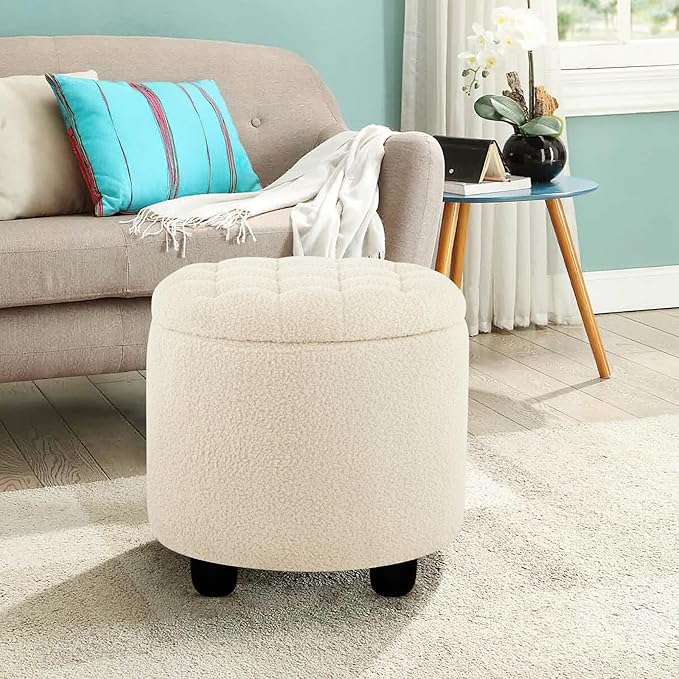 Furniliving Modern Round Storage Ottoman,Button Tufted Ottoman Foot Stools Ottoman Footstool with Removable Lid Storage Ottomans for Living Room, Bedroom, Makeup Room，Sherpa, IvoryWhite