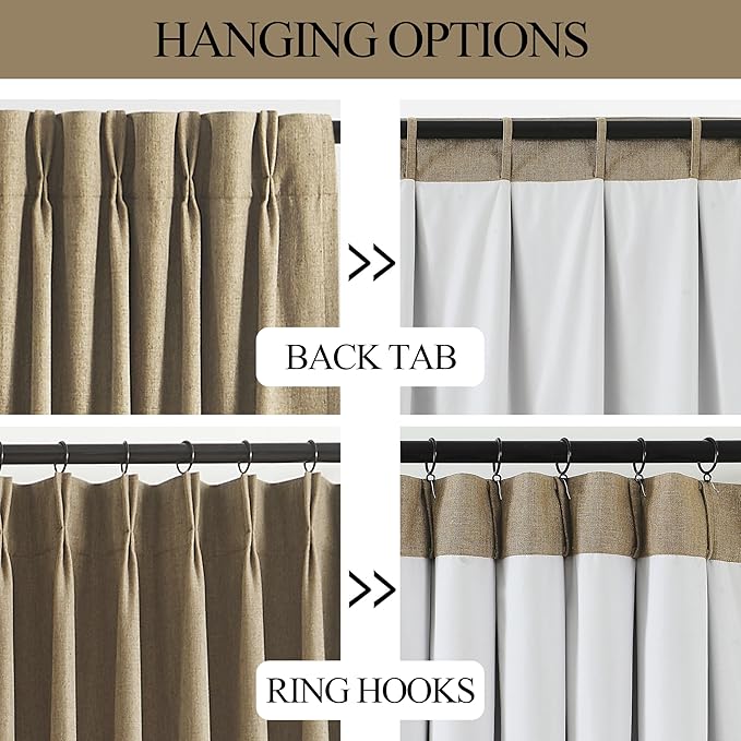 Vision Home Brown Pinch Pleated Full Blackout Curtains Linen Blended Room Darkening Window Curtains 95 inch for Living Room Bedroom Thermal Insulated Pinch Pleat Drapes with Hooks 2 Panel 40" Wx95 L
