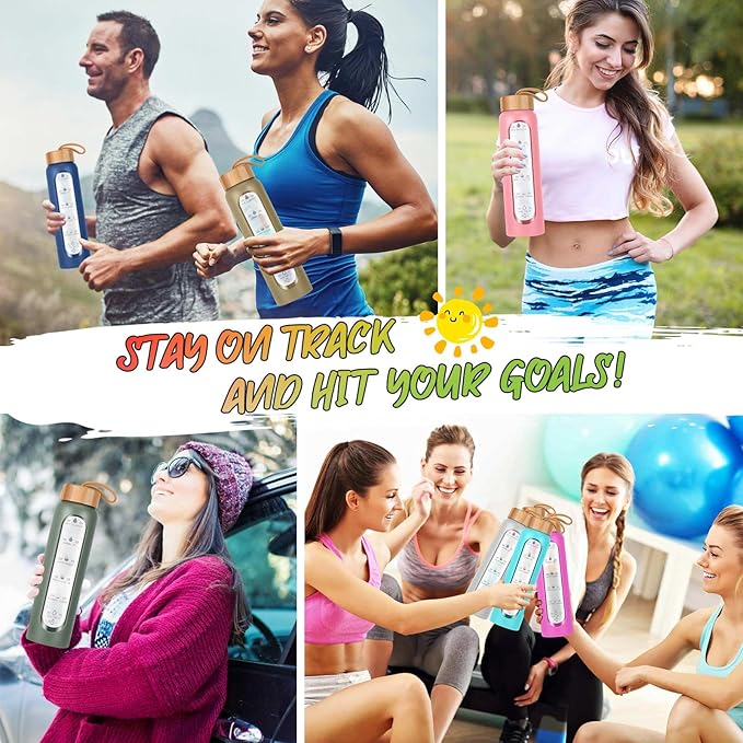 Aqulea Glass Water Bottles 25 Oz with Silicone Sleeve - BPA Free Reusable Wide Mouth Glass Motivational Water Bottles with Fruit Infuser – Leak Proof Borosilicate Water Bottle with Time Marker (Black)