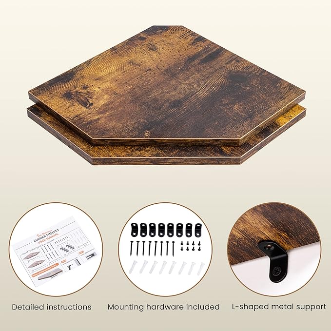 Corner Shelf Wall Mount, Floating Corner Shelves, Set of 4 Corner Wall Shelf Organizer, Rustic Wood Wall Storage Display Shelves for Living Room Bedroom Bathroom Kitchen, Rustic Brown