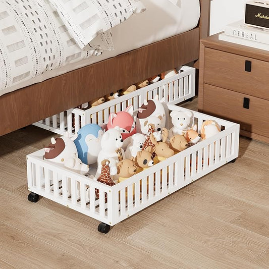 Bamboo Under Bed Storage with Wheels (2-Pack) – Rolling Underbed Shoe Organizer Box for Shoes, Blankets, Toys, Clothes Container Space-Saving Organizer Bins for Bedroom, Closet, Dorm, Nursery