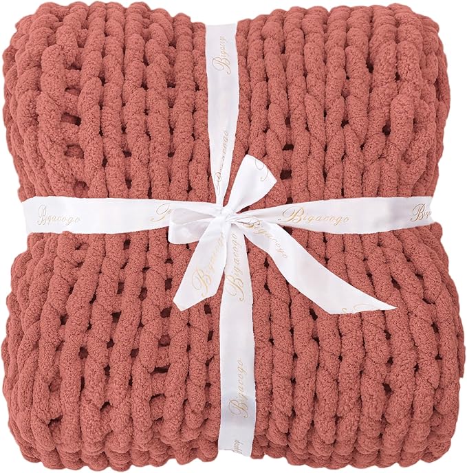 Bigacogo Chunky Knit Throw Blanket for Couch, 40x80 inches, 100% Hand Knitted with Thick Jumbo Chenille Yarn, Cozy Soft Large Rope Knot Cable Crochet Blankets for Sofa Bed Living Room, Antique Red