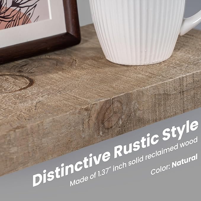 Floating Shelves, 8 Inch Deep Rustic Solid Reclaimed Wood Wall Shelves for Storage, Wall Mounted Display Shelving with Invisible Heavy-Duty Metal Bracket, 24 Inch Width Set of 2, Natural