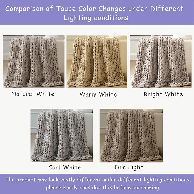 Bigacogo Chunky Knit Throw Blanket for Couch, 40x80 inches, 100% Hand Knitted with Thick Jumbo Chenille Yarn, Cozy Soft Large Rope Knot Cable Crochet Blankets for Sofa Bed Living Room, Taupe