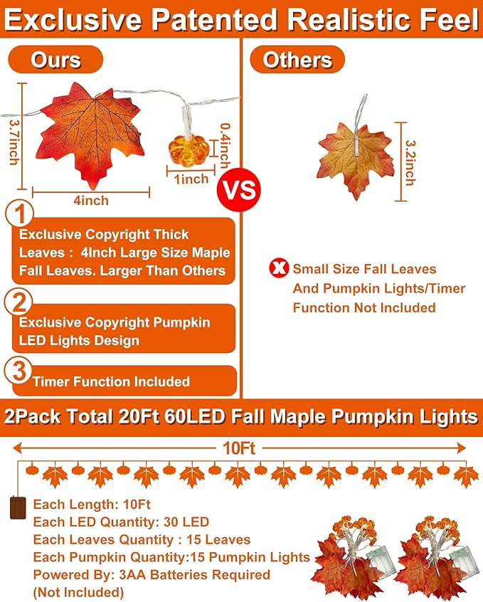 2 Pack & Timer - Fall Garland with Pumpkin Lights Halloween Fall Decor for Home 60LED 20Ft Enlarged Maples Leaves Halloween Garland Lights Indoor Battery Operated Thanksgiving Decor Wedding Christmas