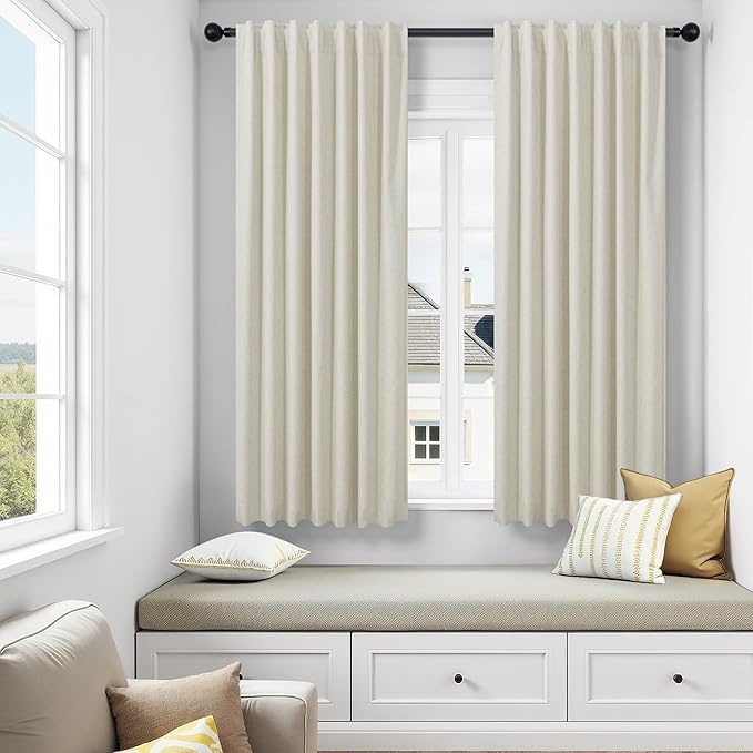 Boho Linen Black Out Curtains 72 Inch Long Back Tab Rod Pocket Living Room Curtains & Drapes 2 Panel Burg Full Blackout Insulated Thermal Curtain for Summer Heat Bedroom Bay Window Playroom Beige
