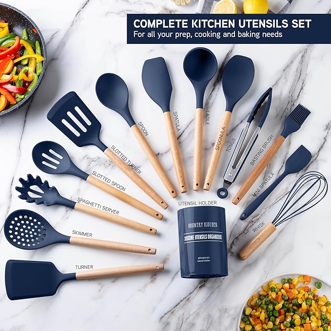Country Kitchen Non Stick Silicone Utensil Set with Rounded Wood Handles for Cooking and Baking, 14 Piece Set, Navy
