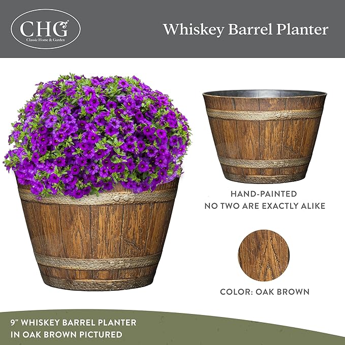 Classic Home & Garden Whiskey Barrel Planters - Wooden Finish Flower Planter Pot - Stylish Garden Pots - Indoor & Outdoor Resin Planters - Weather-Resistant Planting Pots (9" Oak Brown, Pack of 1)