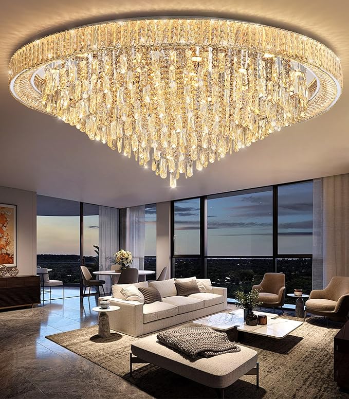 53.7'' Modern Chandeliers LED Dimmable Crystal Flush Mount Ceiling Chandeliers for Living Room High Ceiling Entrance Foyer Lobby Bedroom Silver