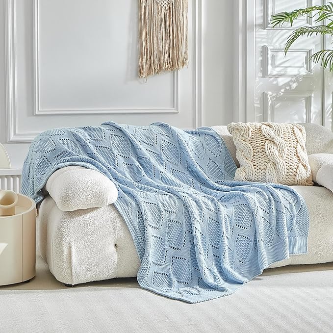 Longhui bedding Chunky Cotton Knit Throw Blanket for Couch, Sofa, Bed, or Chair, Decorative Breathable Fall Cable Knit Blanket 60 x 80 Inches, Light Blue