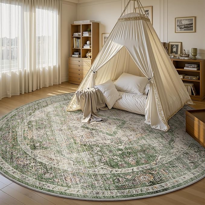 AMOAMI-6FT Round Rug-Rugs for Living Room-Vintage Soft Olive Green Rugs for Bedroom-Non Slip Circle Rug-Machine Washable Rug for Dining Room Living Room Bedroom Office Under Table