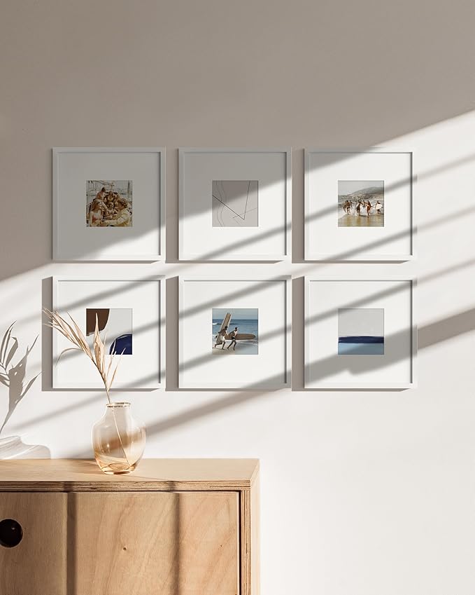 HAUS AND HUES 10x10 White Metal Picture Frames Matted to 5x5 - Features Premium Aluminum & Hanging Hardware, Shatterproof Plexiglass - Ideal for Home, Room, Office (10x10 in, White, Set of 15)