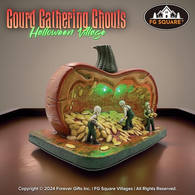 Gourd Gathering Ghouls Pumpkin Theme Spooky Halloween Village Porcelain Colorful LED Lights 7.75" x 6" x 5.75"
