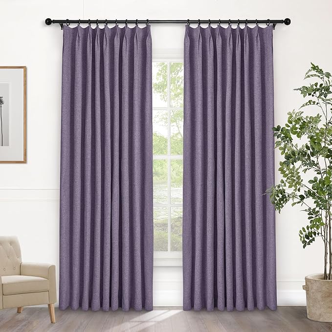 Macochico 100% Blackout Pinch Pleated Linen Curtains Thermal Window Treatments Sound Reducing Curtains for Bedroom Living Room Violet Farmhouse Burlap Drapes with Tieback 52”Wx63”L 1 Panel