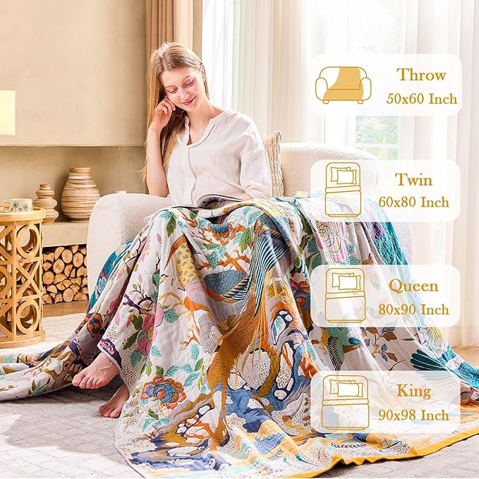 Fall Throw Blanket for Couch, Yellow Boho Decorative Throw Blanket, 100% Cotton Muslin Breathable Woven Farmhouse Blankets Quilt, 90"x98" Reversible Lightweight Blankets Bohemian Throw Quilt