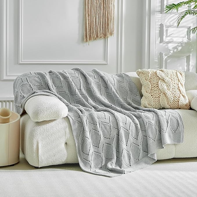 Longhui bedding Chunky Cotton Knit Throw Blanket for Couch, Sofa, Bed, or Chair, Decorative Breathable Fall Cable Knit Blanket 51 x 63 Inches, Grey