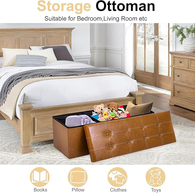 43 Inches Folding Storage Ottoman Bench, PU Leather Storage Chest, Footrest Padded Seat for Bedroom and Hallway, Holds up to 660 lbs, Light Brown