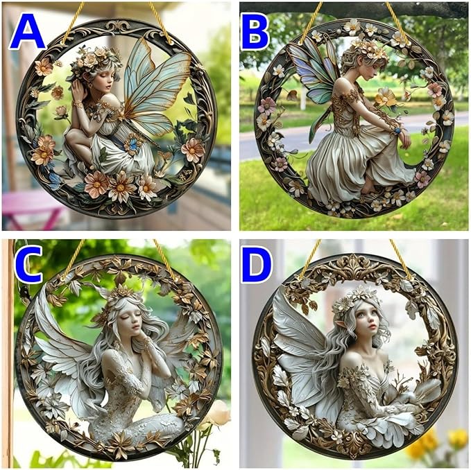Flower Fairy Garden Decorations Angel Wing Christmas Halloween Deco Statue Art Elf Sculpture Hanging Craft for Outdoor Yard Courtyard Lawn Patio Window Acrylic Ornament Home Gift (C,S: 6*6 IN)