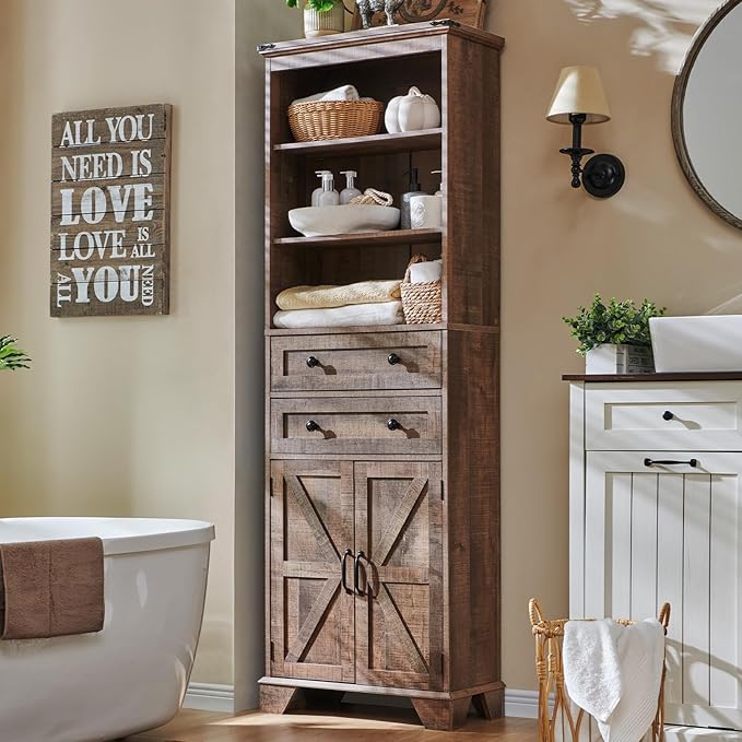 Farmhouse Bathroom Cabinet, 72" Tall Storage Cabinet with 2 Drawers, Adjustable Shelves & Barn Door, Cabinets for Bathroom, Living Room, Kitchen, Rustic Brown