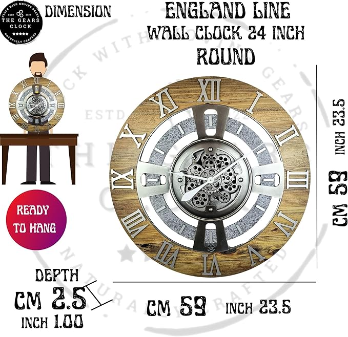 The Gears Clock Real Moving Gear Wall Clock England Line (Carbon Grey, 24 inches (60 cm))