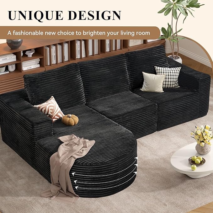 Modular Sectional Sofa with L-Shape Chaise,Cloud Sectional Modern Sleeper Couch with Deep Seat,Sponge Compression Sofas No Assembly Required(Plush Corduroy Fabric) 1PCS