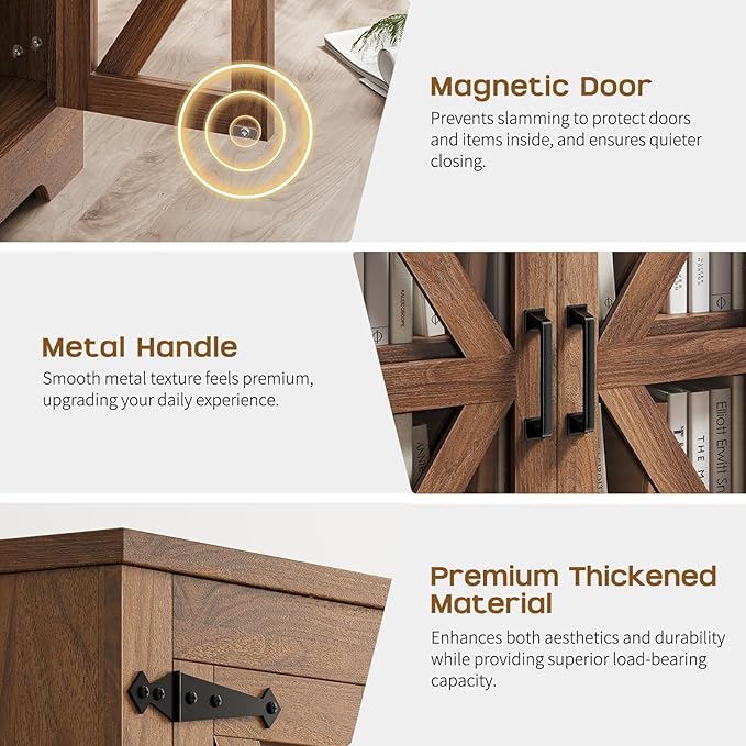 Farmhouse Side Table with Storage Cabinet, End Table with Adjustable Shelf, Night Stand, Wood Nightstand with Charger Station, 24 End Tables Living Room, Rustic Bed Side Tables Bedroom, Walnut