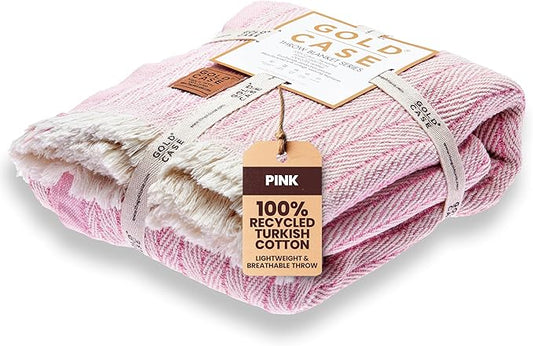 Gold Case Throw Blanket for Couch – 100% Recycled Turkish Cotton Blankets & Throws – Elegant Decorative Throw Blankets for Living Room Sofa – Woven Throws for Couch – Vintage Pink – 60x80