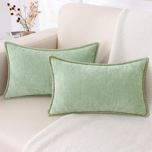 decorUhome Chenille Soft Throw Pillow Covers 12x20 Set of 2, Lumbar Velvet Farmhouse Neutral Decorative Euro Pillow Covers with Stitched Edge for Couch Sofa Bed Home Decor, Sage Green