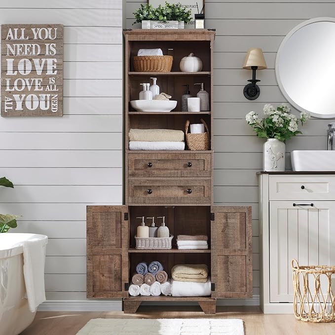 Farmhouse Bathroom Cabinet, 72" Tall Storage Cabinet with 2 Drawers, Adjustable Shelves & Barn Door, Cabinets for Bathroom, Living Room, Kitchen, Rustic Brown