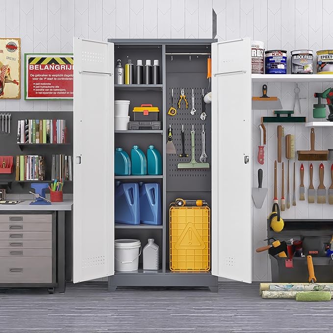 Garage Storage Cabinet,Broom Closet with Lock,Locking Cabinets with Hanging Rod & S-Hooks for School,Garage,Grey-White