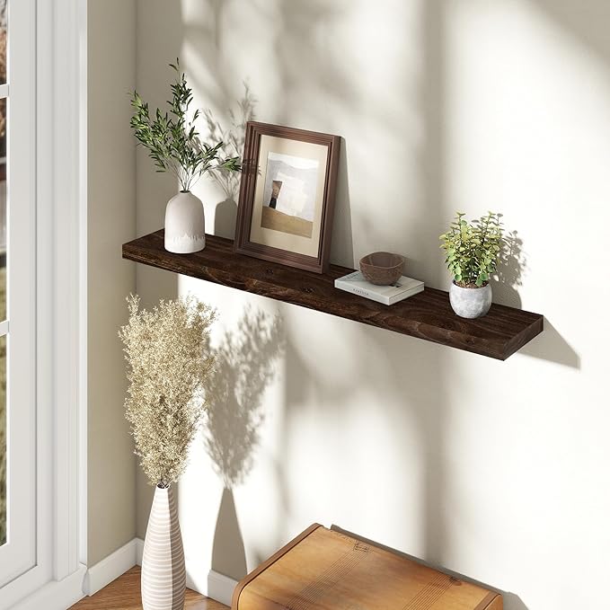 Fun Memories Rustic Elm Wood Floating Shelves for Wall, 48" Floating Shelf Wall Mounted, Long Floating Disply Shelf with Heavy-Duty Bracket for Living Room, Kitchen, Bathroom, Walnut Color, Set of 1