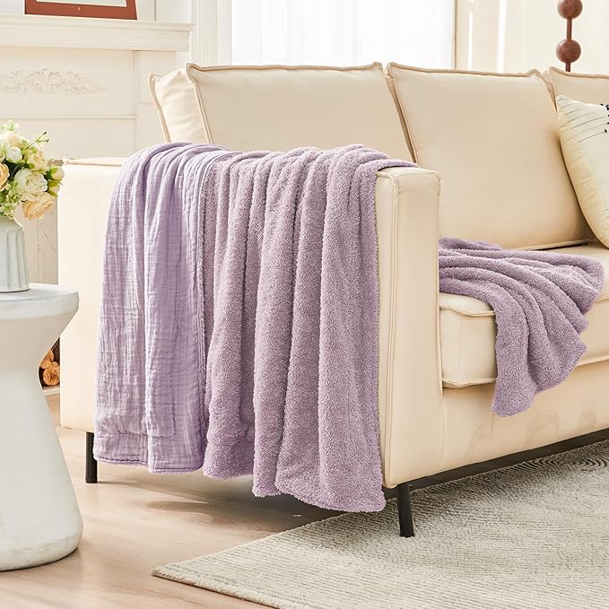 EMME Muslin and Fleece Twin Blanket Reversible - 60"*80" Lavender Soft Warm Throw Blankets for Couch Bed Picnic Travel Bed