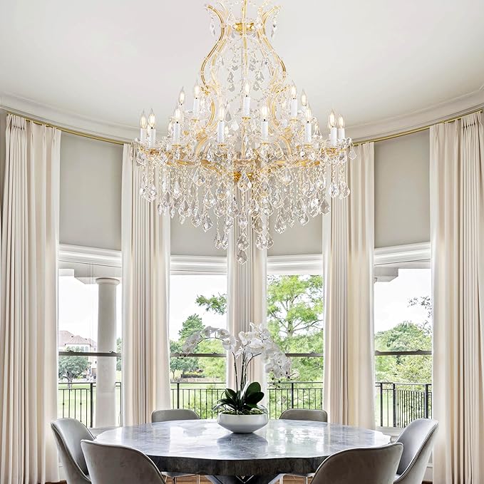 Crystal Chandelier for High Ceilings, Gold Chandelier, 15 Lights Modern Gold Crystal Chandeliers, Large Chandeliers for Staircase Foyer Entryway Living Room, 2 Layers