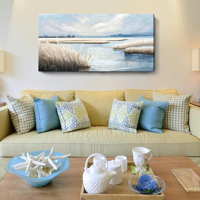 amatop Large Coastal Wall Art Abstract Landscape Beach Ocean Marsh Canvas Print Calming Soft Blue and Beige Wetland Picture Minimalist Neutral Nature Artwork for Bedroom Living Room Office 48x24