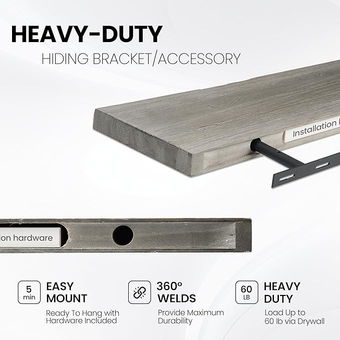 Floating Shelves for Wall, 24"x9.3" Rustic Solid Live-Edge Elm Wood Wall Shelves, Heavy-Duty Floating Shelves with Invisible Brackets, Set of 2 for Living Room, Bedroom, and Kitchen, Grey Finish