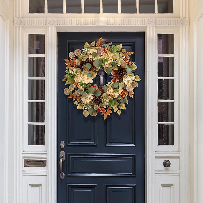 22 in Fall Hydrangea Wreath with Eucalyptus, Pinecones Orange Berries Perfect Autumn Door Wreath for Thanksgiving Harvest Decor - Rustic, Lifelike Durable for Indoor Outdoor Use